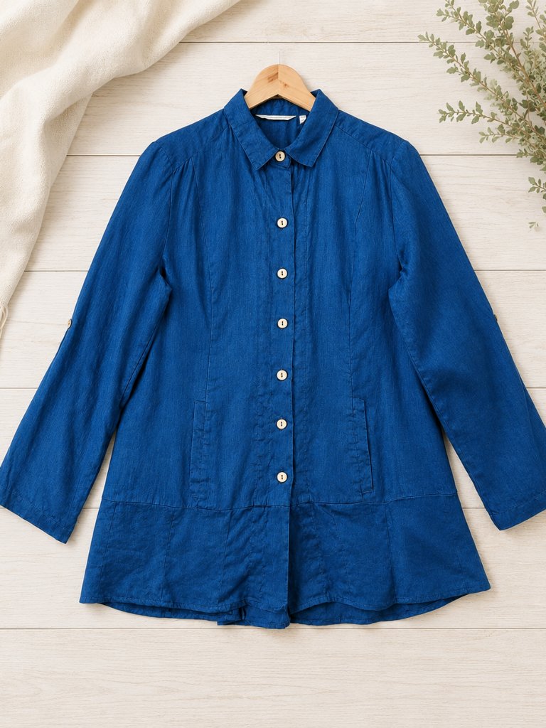 Soft Surroundings Blue Linen Tunic Medium Button Front Collared Nautical